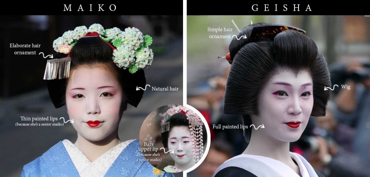 Sự khác biệt trong cách trang điểm của Geisha và Maiko