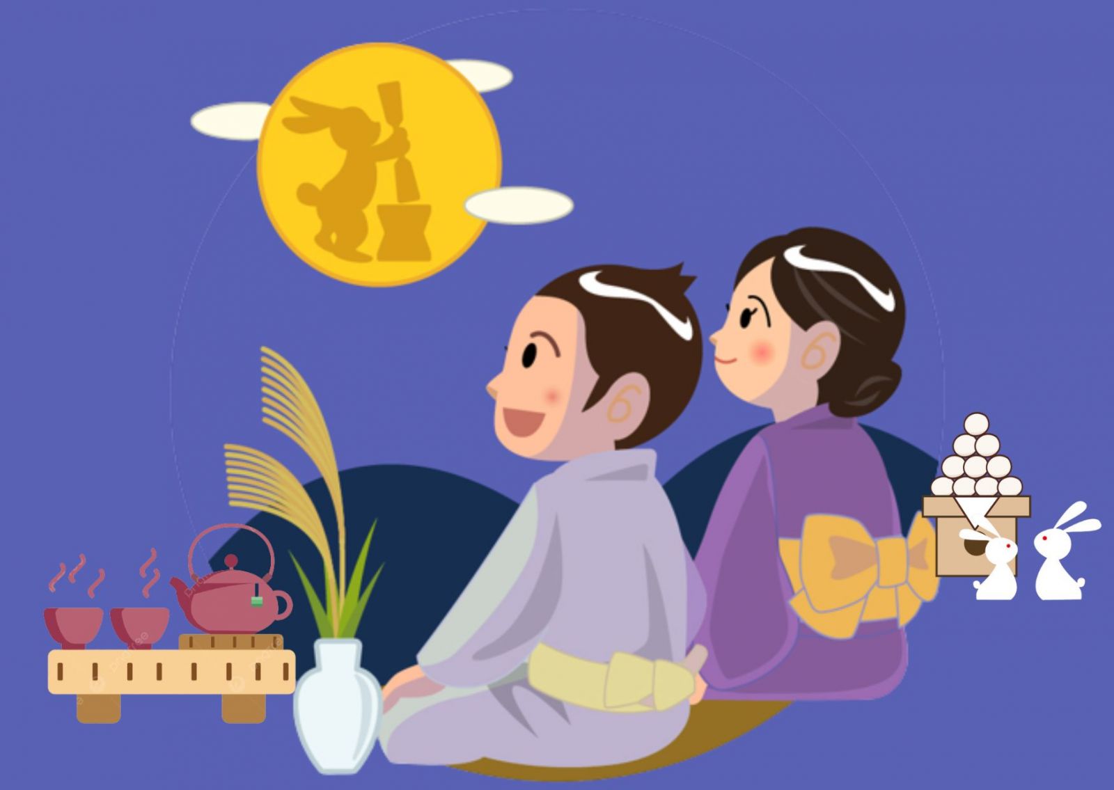 Mọi người cùng nhau ngắm trăng và thưởng thức trà ăn kèm bánh Dango